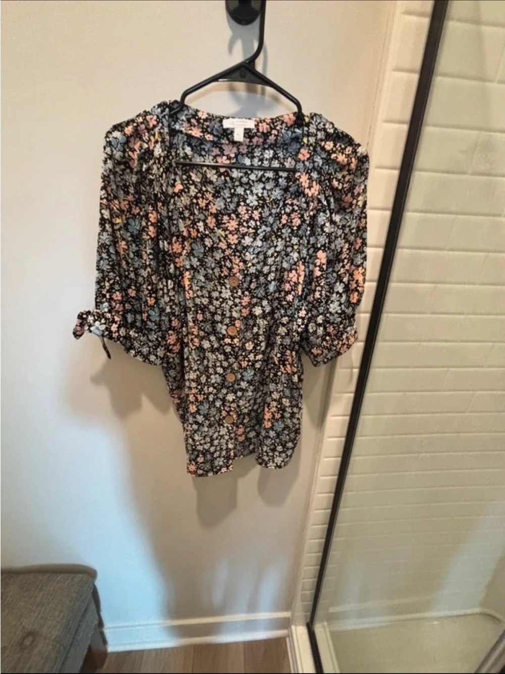 LC Lauren Conrad Black Floral Puff-Sleeve Blouse with Pastel Accents
